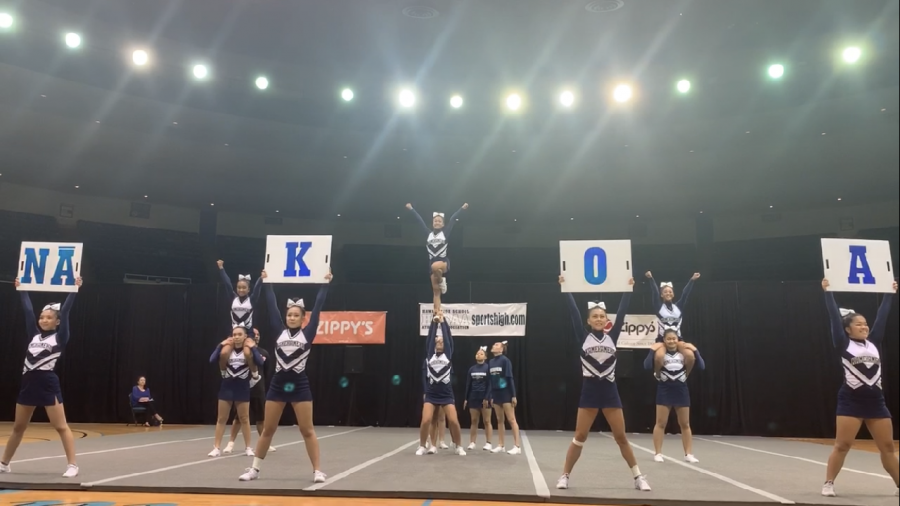 Here, is our local Kamehameha Kapālama cheerleaders as they perform their routine at their States Championships.