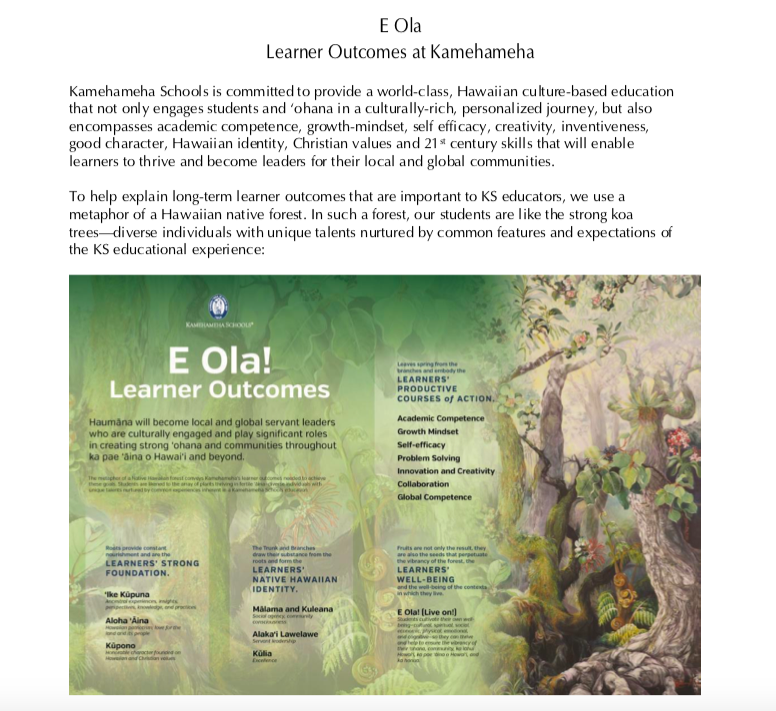 : The: E Ola Learner Outcomes” in the Student and Parent Handbook which explains student goals and environments.