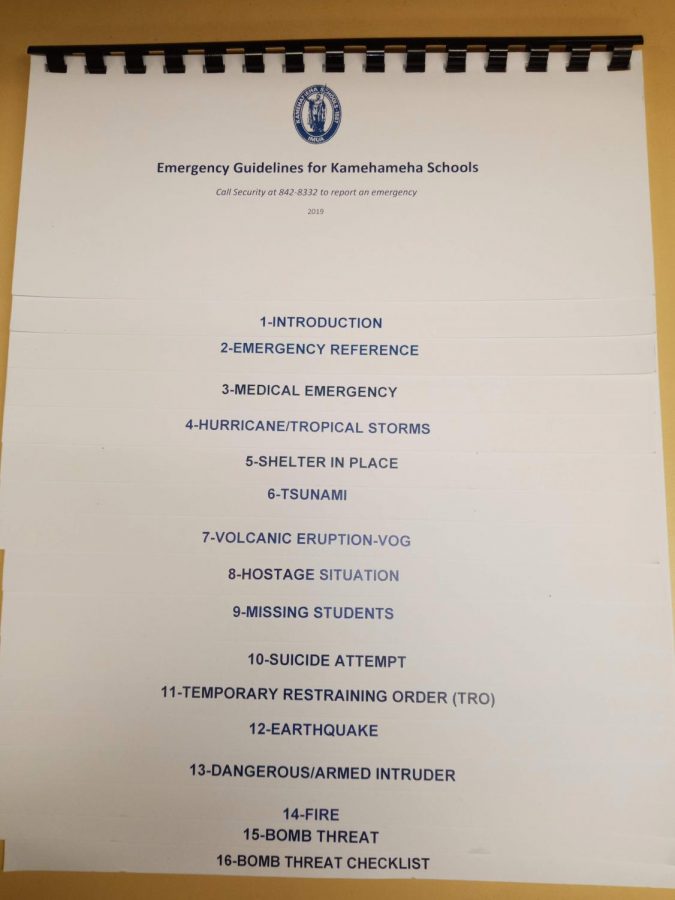 The Kamehameha Schools Emergency Pamphlet contains procedure for teacher and faculty to refer to in the event of an emergency on campus. 