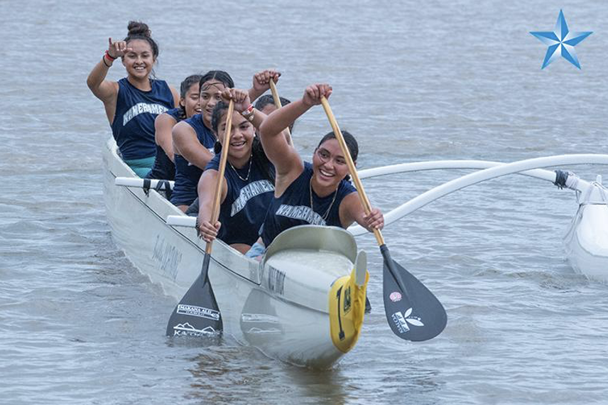 Kamehameha+Kap%C4%81lama%E2%80%99s+Varsity+W%C4%81hine+flashed+a+smile+as+they+took+first+place+for+the+Varsity+Girls+Final+at+the+Paddling+State+Championship+regatta+on+February+4th%2C+2023.+